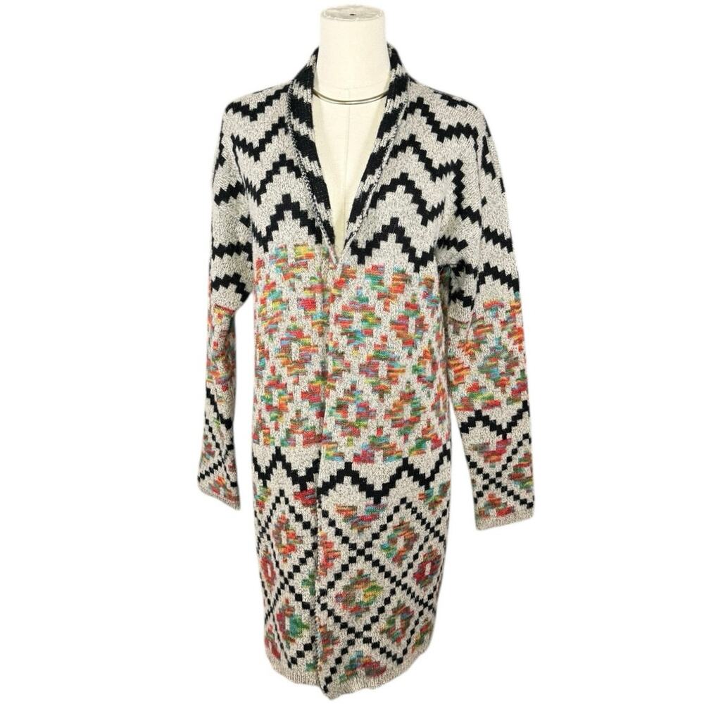 Dreamers Open Front Cotton Blend Tribal Geo Cardigan Artsy Boho Oversized S/M